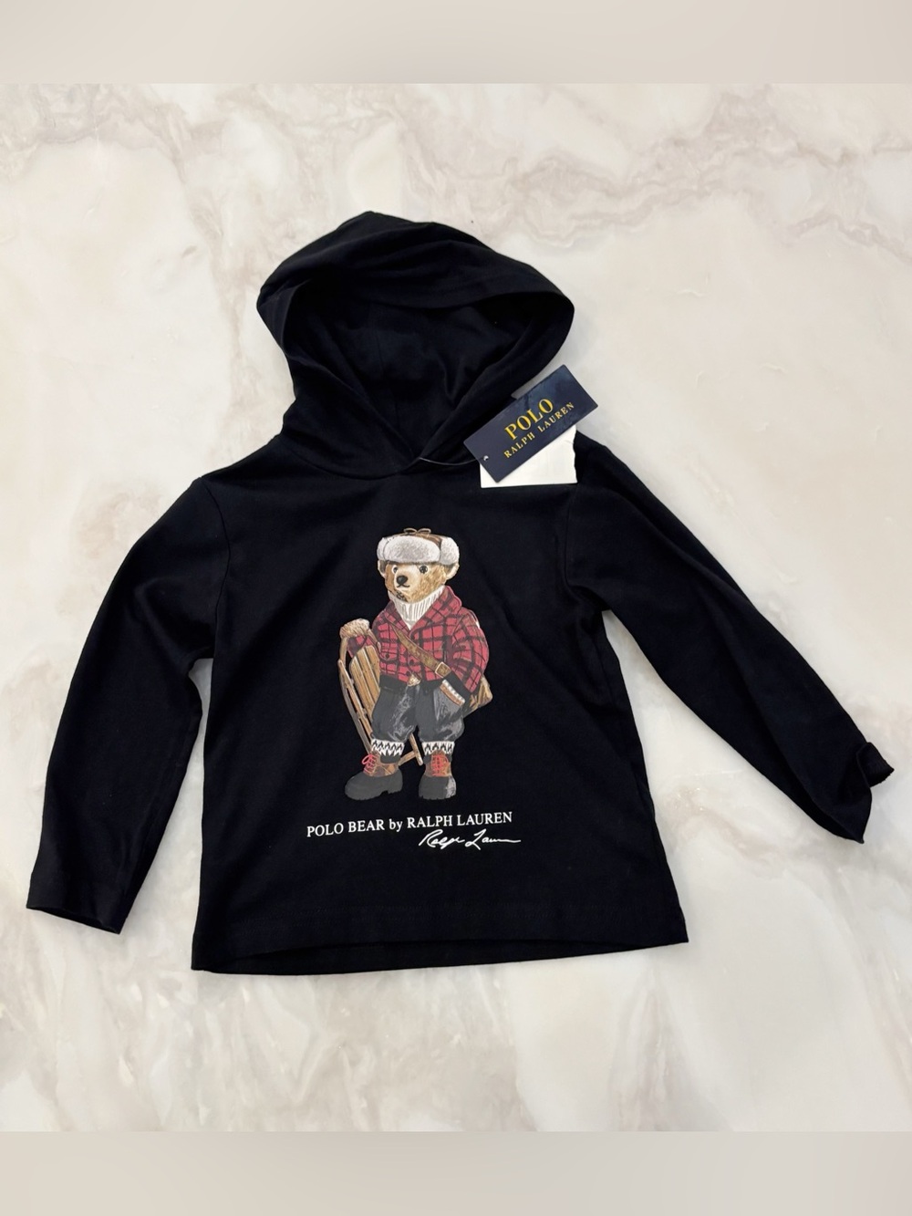 Polo Ralph Lauren Polo Bear Cotton Hooded Tee Boys Size 2 New Black